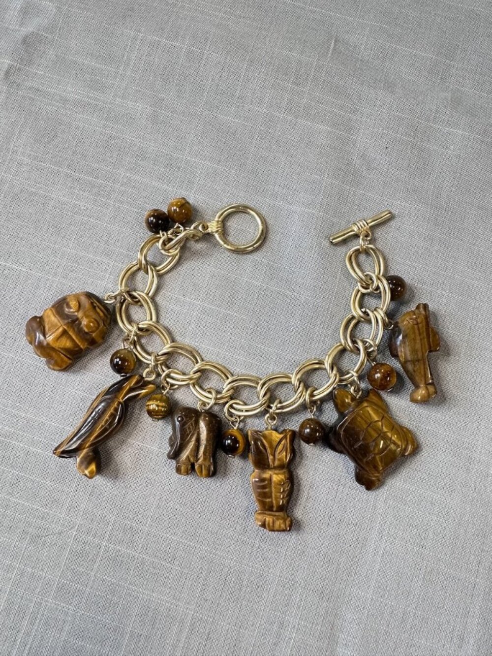 Vintage Talbot's Tiger-Eye Carved Animal Charm Bracelet